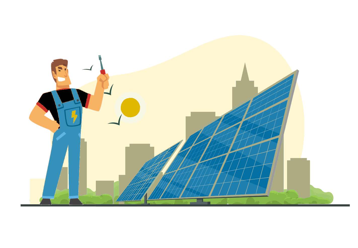 A certified electrician stood proudly over a successful solar panel (Renewables) installation in the sun.