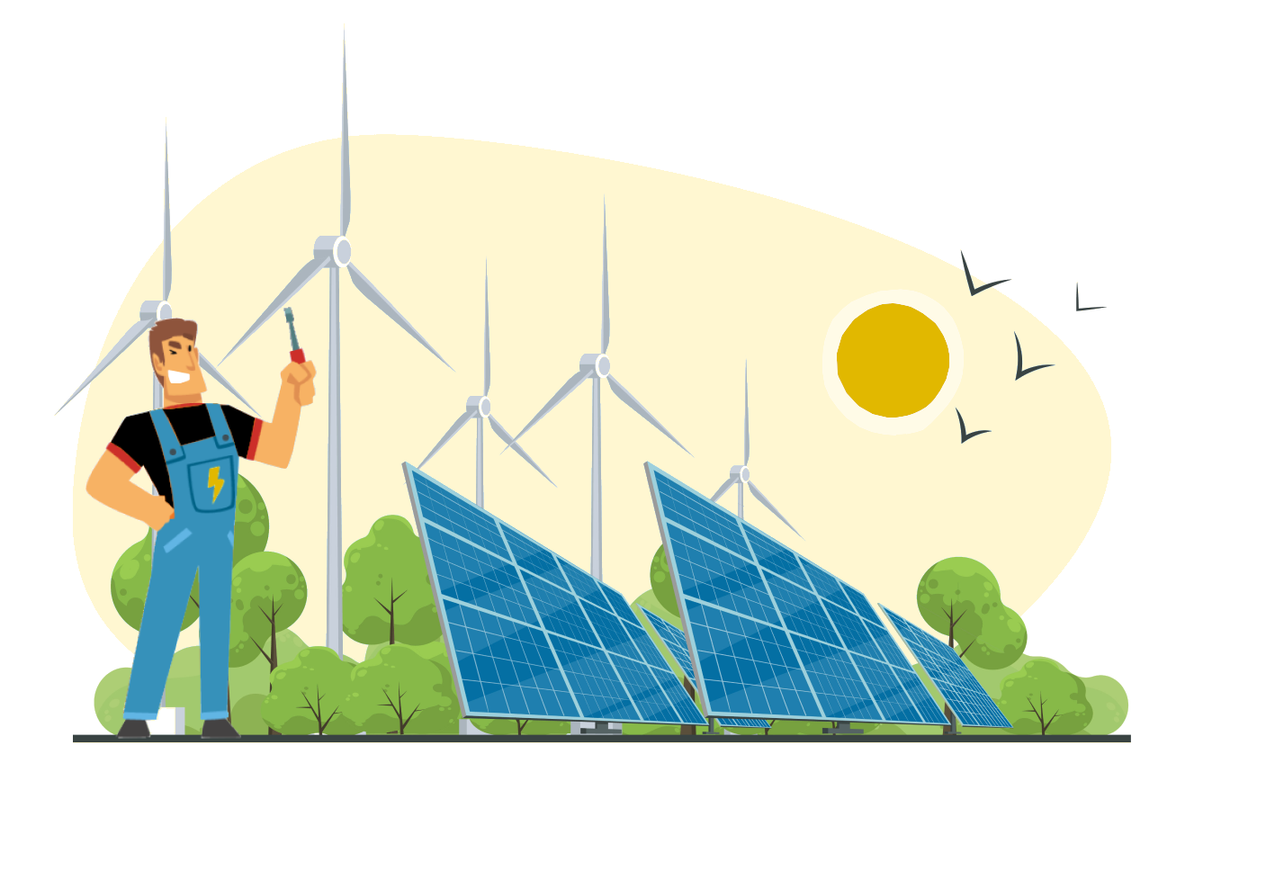 A certified electrician stood proudly over a successful solar panel and windfarm (Renewables) installation in the sun.